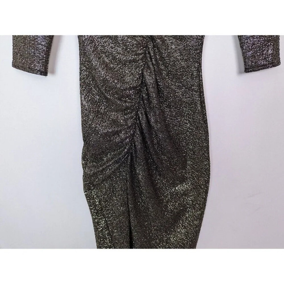 ZARA S Metallic Draped Long Sleeve Dress Runched Gathered Waist Front Slit Bold - Picture 10 of 16